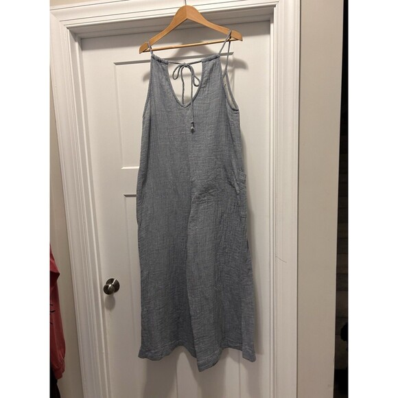 Women's Size Medium Spaghetti Strap Cropped Cotton Wide-Leg Jumpsuit Pockets - Picture 7 of 7